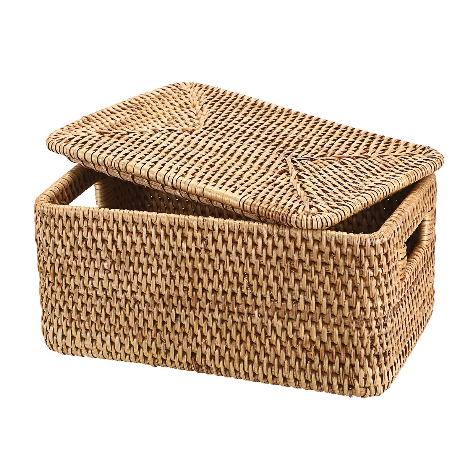 IGNPION Rattan Wicker Storage Basket With Lid, Decorative Multipurpose Storage Bin for Shelves, Bathroom, Kitchen, Living Room, Office