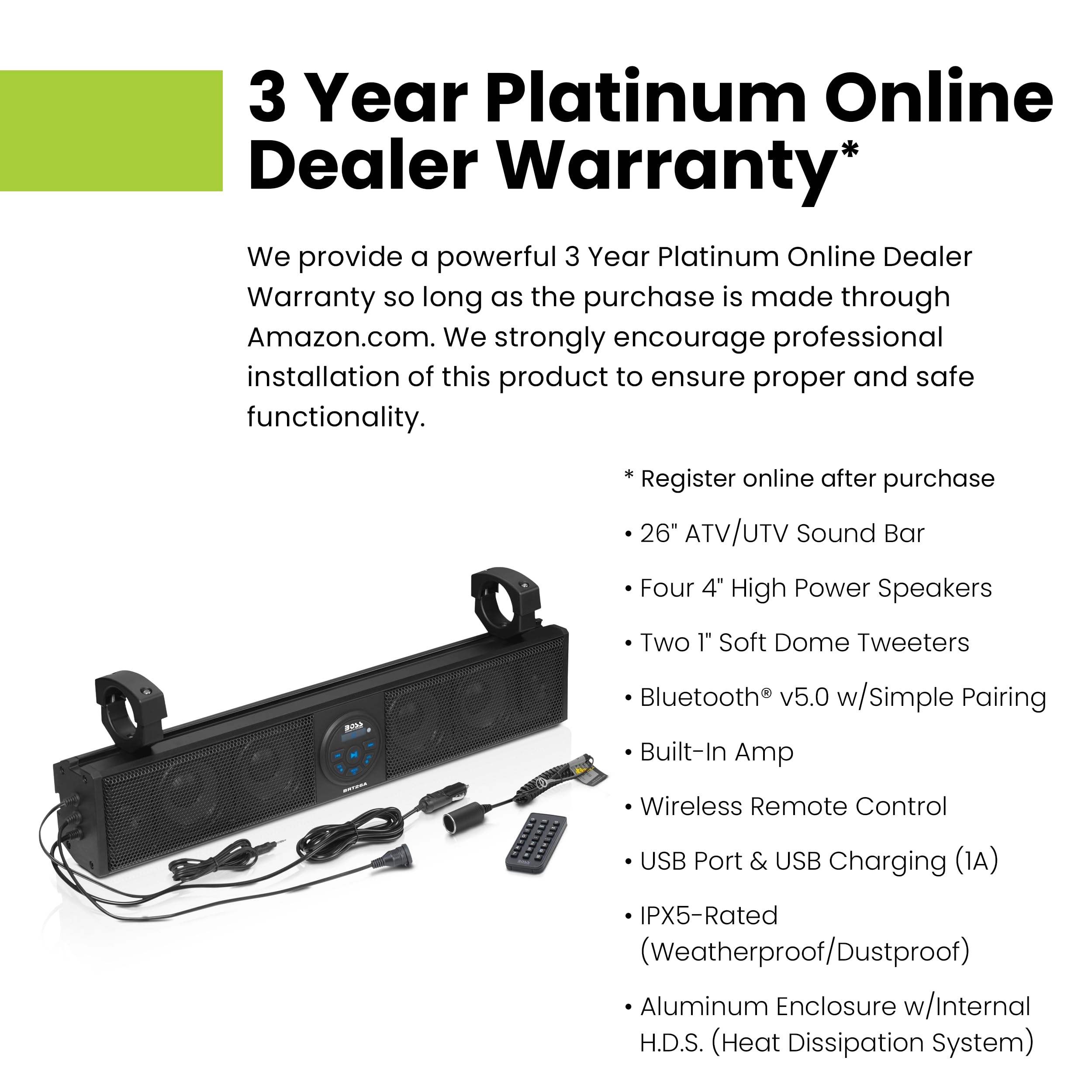 BOSS Audio Systems BRT26A ATV UTV Sound Bar - 26 Inch Wide, 4 Inch Speakers, 1 Inch Soft Dome Tweeters, Full Range, IPX5 Weatherproof, Bluetooth, Built-in Amplifier, Golf Cart Compatible