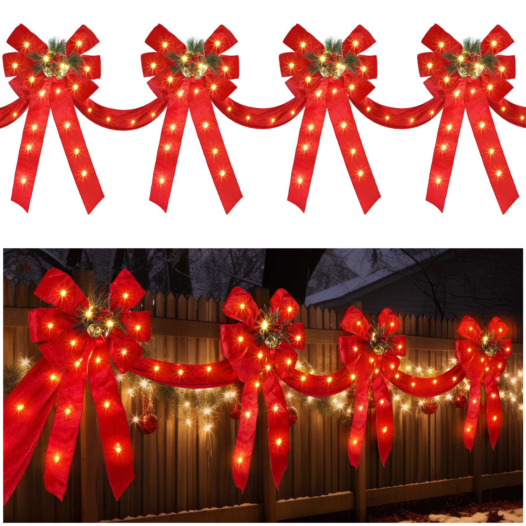 Photo 1 of 13 FT Christmas Bows Fence Decoration, 140LED Lighted Large Christmas Bows Decoration with 8 Mode and Timing Ornament for Party Front Door Fireplace (Red,Ribbon)