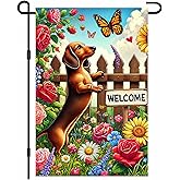 HOMETITUTE Welcome Garden Flag Spring Summer Dog Garden Flag 12x18 Inch Double Sided Flags Dachshund Puppy Floral Fence Butterfly Outdoor Yard Lawn Porch Decor Banner