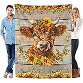 Highland Cow with Sunflowers Blanket Throws, Cute Calf on Retro Wooden Background Flannel Blankets, Farm Animal Cow Gifts for Highland Cow Lovers Women Men for Home Couch Sofa Bed Decor 50"X60"
