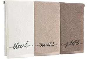 SmoothNovelty 3 Pcs Brown and White Fingertip Towels 100% Cotton Fall Farmhouse Bathroom Hand Towels 12 x 18 in Decorative Embroidery Blessed Thankful Grateful for Thanksgiving Gift Home Decor