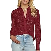 AIMCOO Lace Tops for Women Sheer Long Sleeve Blouses Dressy Casual Button Down Shirts Boho Floral Tops