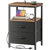 Huuger Nightstand with Charging Station, Side Table with Fabric Drawers, End Table with Open Shelf, Bedside Table with USB Ports and Outlets, Night Stand for Bedroom, Rustic Brown and Black