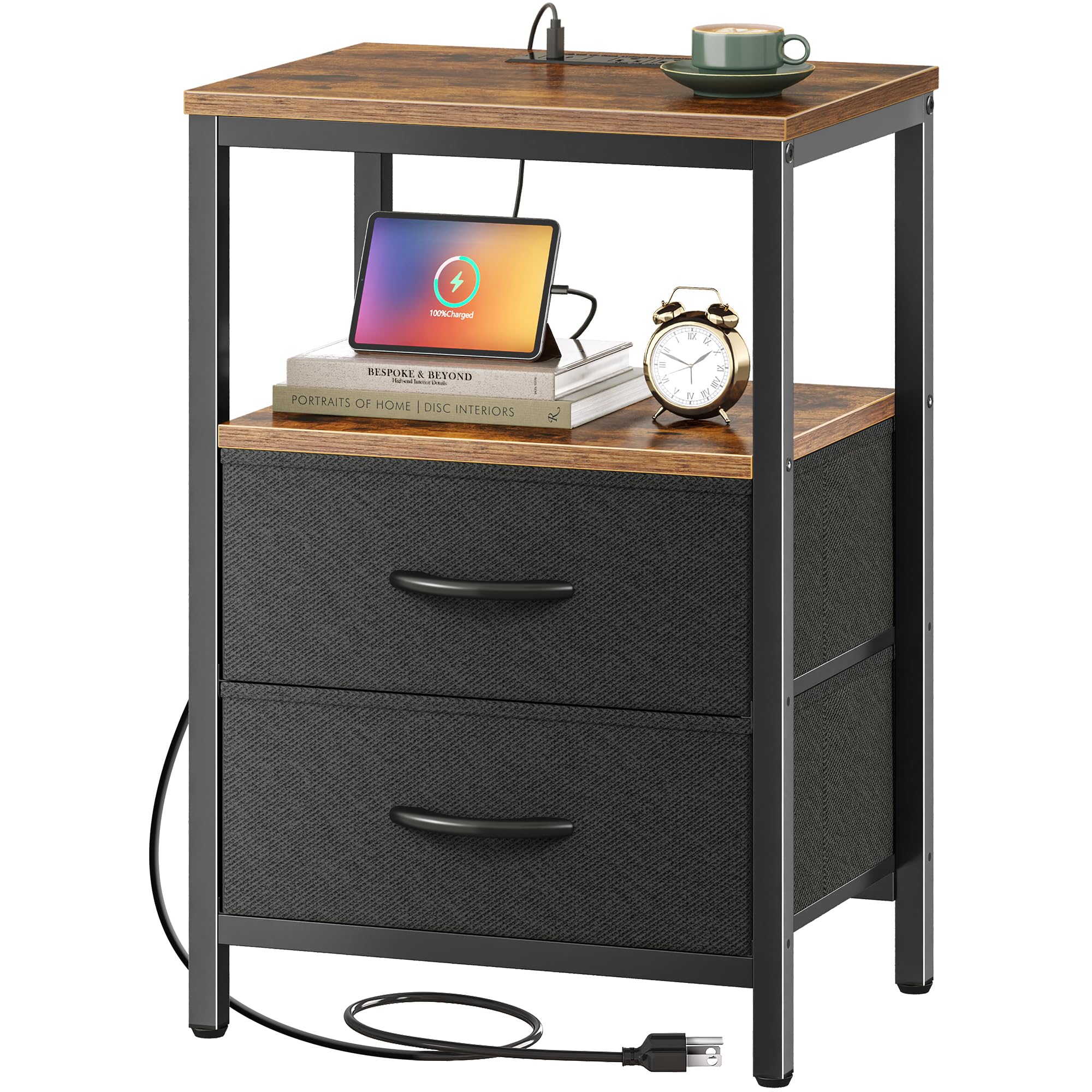 Huuger Nightstand with Charging Station, Side Table with Fabric Drawers, End Table with Open Shelf, Bedside Table with USB Ports and Outlets, Night Stand for Bedroom, Rustic Brown and Black Image
