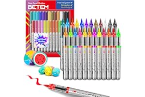 Betem Paint Markers Acrylic Paint Pens, 24 Colors Brush Tip Water Based Markers with Direct Ink System, Permanent Marker Colored Pens, Art Supplies for Rock Painting, Wood, Fabric, DIY Crafts Gift