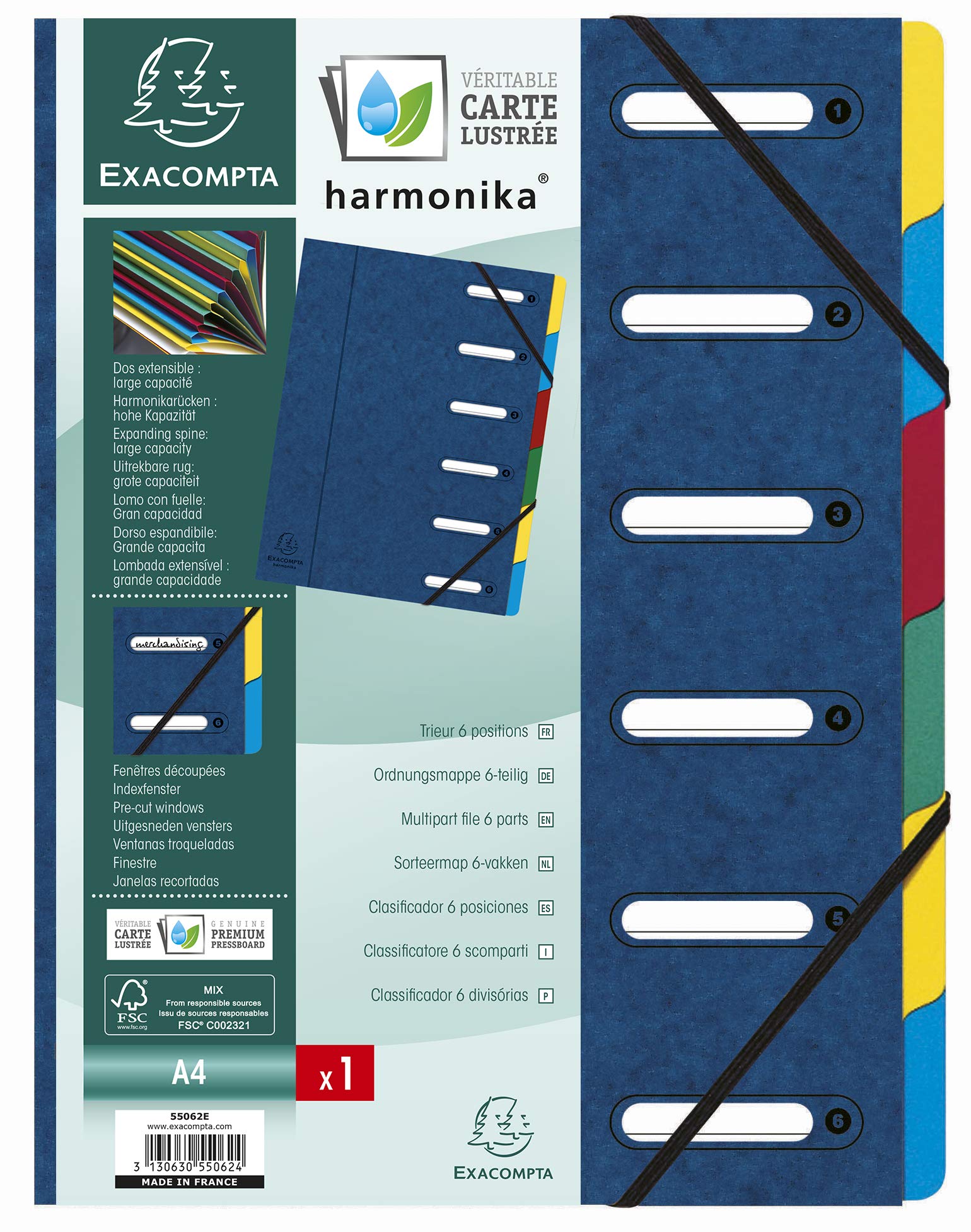Exacompta - Ref 55062E - Harmonika Multipart File - 24.5 x 32cm in Size, Suitable for A4 Documents, 6 Multi-Coloured Tabbed Sections, Premium Pressboard Cover - Cover in Blue