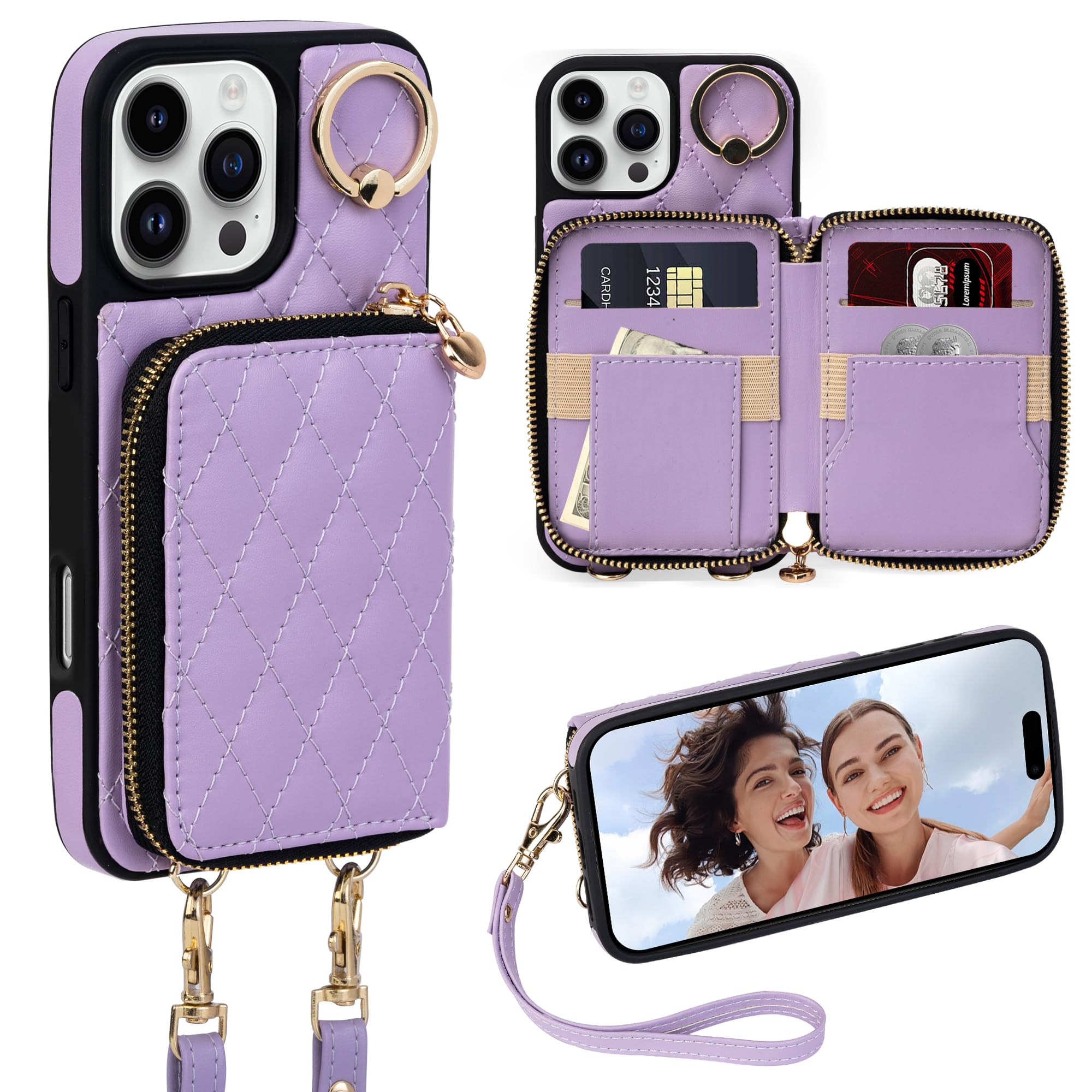 Keallce Case for iPhone 16 Pro 6.3'' Wallet Case, Crossbody Zipper Purse with Wristlet for Women, RFID Blocking Card Holder, 360° Ring Kickstand Flip Leather Case for iPhone 16 Pro, Purple Image