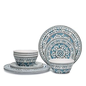 Hware 12 Pcs Melamine Break-Resistant Indoor Outdoor Dinnerware Set Service For 4 Round Pattern,Blue