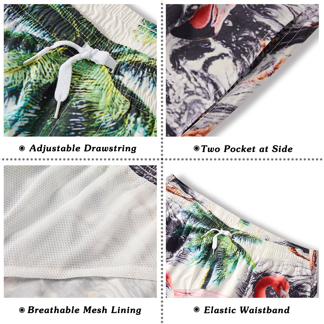 TUONROAD Men\'s Summer Holiday Aloha Beach Shorts Black Water Green Coconut Tree White Hwaiian Bathing Suit Shorts Tropical Beach Casual Style Board Shorts,X-Large,Flamingo