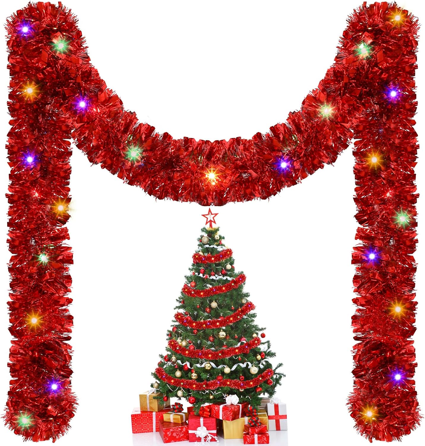 Wreaths, Garlands & Swags - 16.4 ft Christmas Prelit Tinsel Garland Metallic Garland with 50 LED Lights Hanging Christmas Garland with Light Xmas Foil Tinsel Garland for Christmas Tree Wedding Party Supplies (Multicolor, Red)