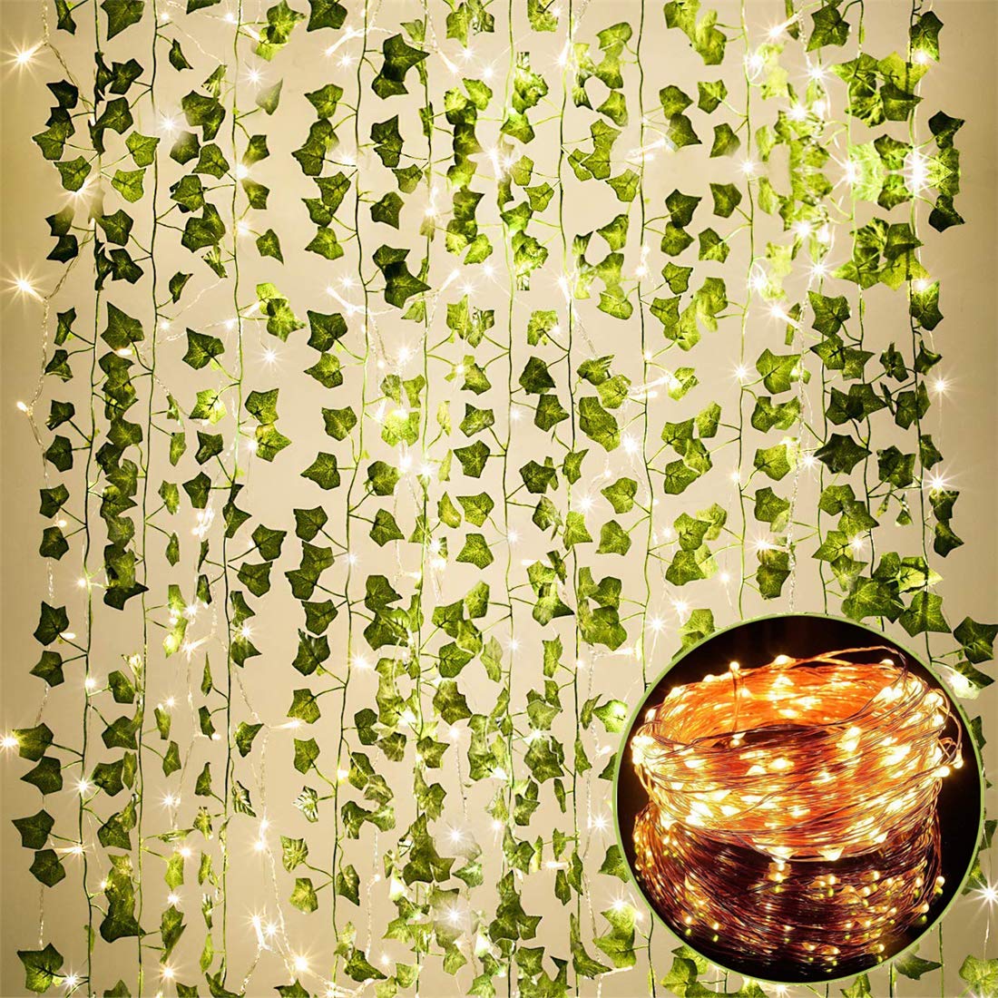 84 FT Artificial Ivy 12 Pack Ivy Vine Garland Ivy Leaves Greenery Garlands Hanging with 100 LED String Light Fake Leaf Plants Faux Green Flowers Decor for Home Kitchen Garden Office Wedding Wall