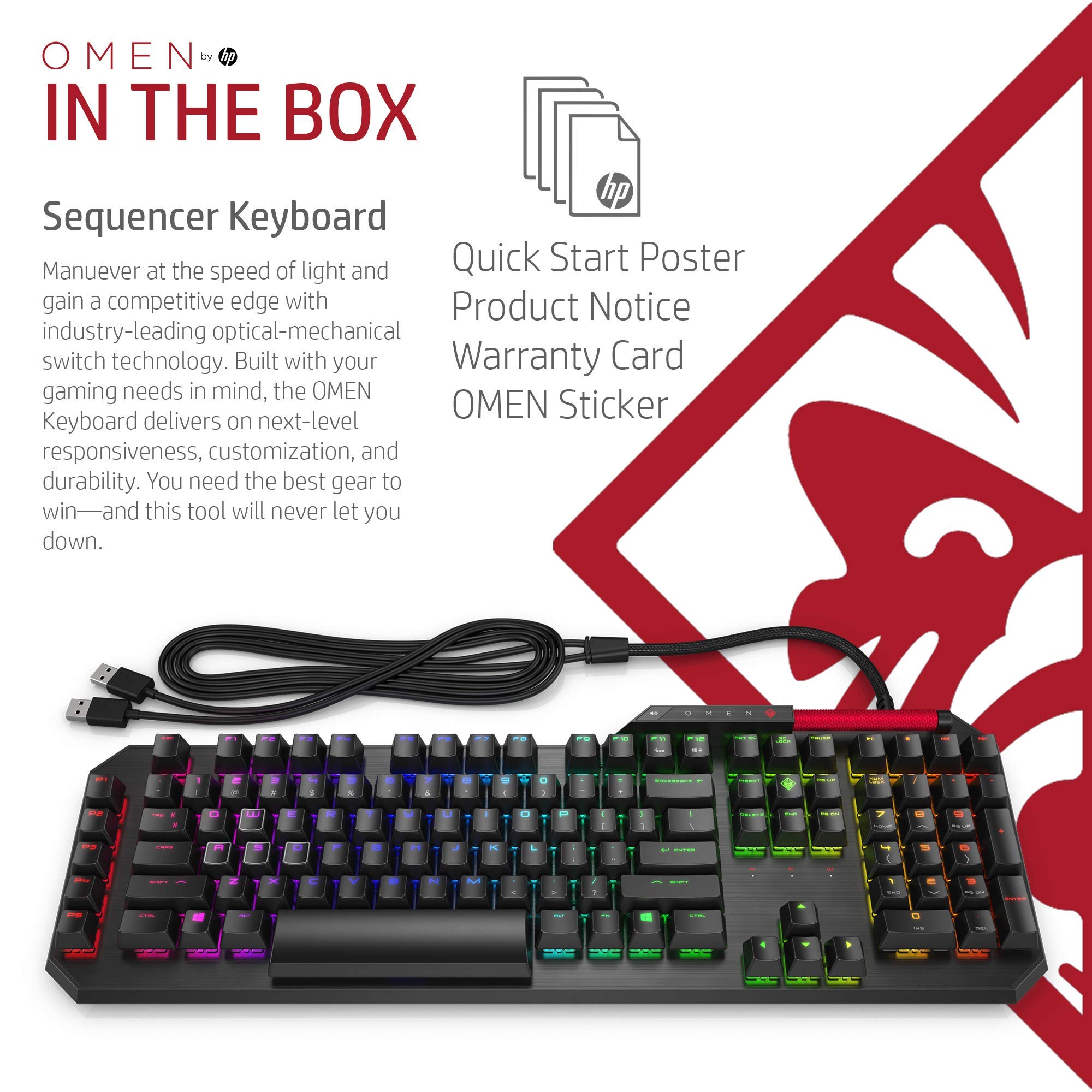 Omen by HP Sequencer Wired USB Mechanical Optical Gaming Keyboard – 10X Faster – Blue Switch - Volume Roller Bar – 16.8M RGB Colors – Anti Ghosting