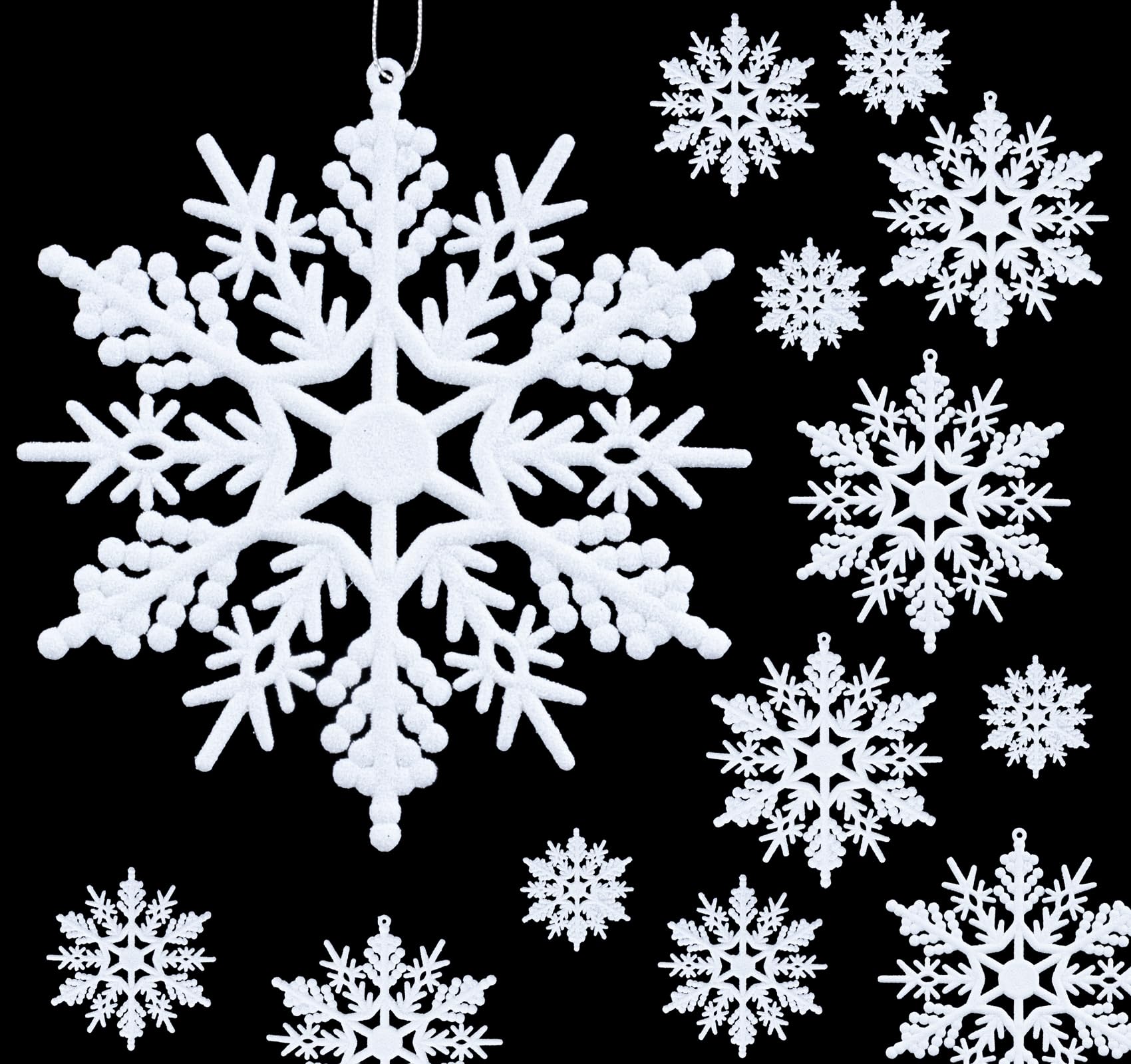 Anstore 56 Pcs Glitter Snowflake Hanging Ornaments White Snowflake Ornaments Plastic Snowflakes Xmas Decoration Christmas Tree Pendants Window Door Decoration, Assorted Sizes 2/3/4/5 Inch