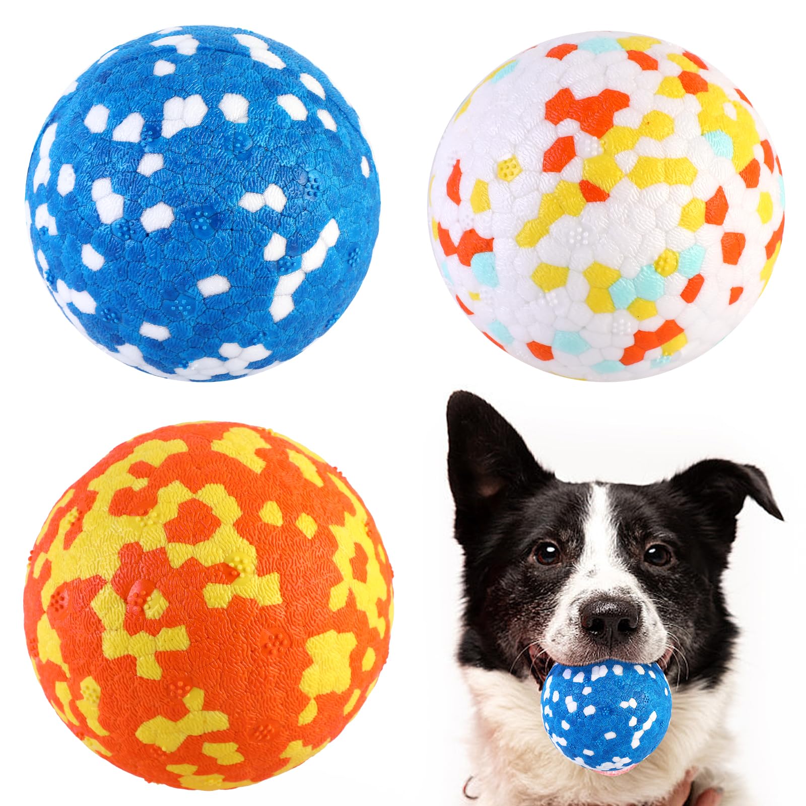 QKURT 3 Pcs Dog Balls, Dog Interactive Dog Ball Chew Toys, Indestructible, High Bounce Rubber,Teeth Training, for Small Medium Large Dogs