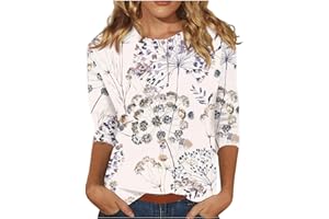FONMA 3/4 Sleeve Tops for Women Casual Floral Printed Crewneck T Shirts Loose Fit Solid Three Quarter Length Tunic Top