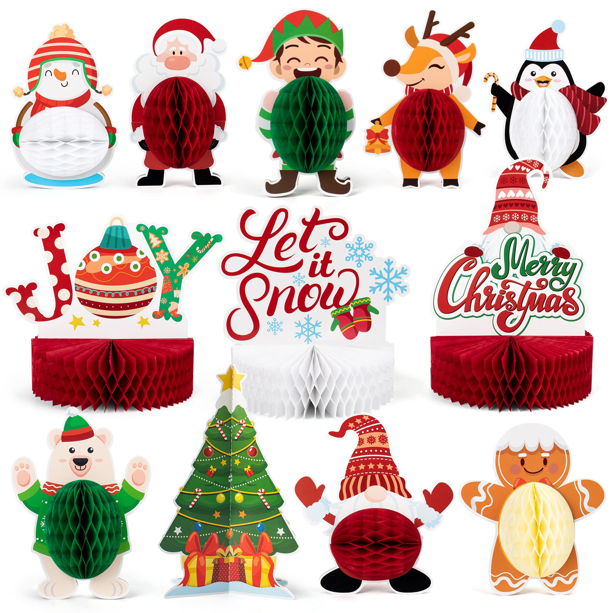 Mocoosy 12 Pack Christmas Party Honeycomb Centerpieces for Table Decorations, Christmas centrepiece Table Toppers With Gnome Santa Snowman Centerpieces for Christmas Party Supplies Holiday Xmas Decor
