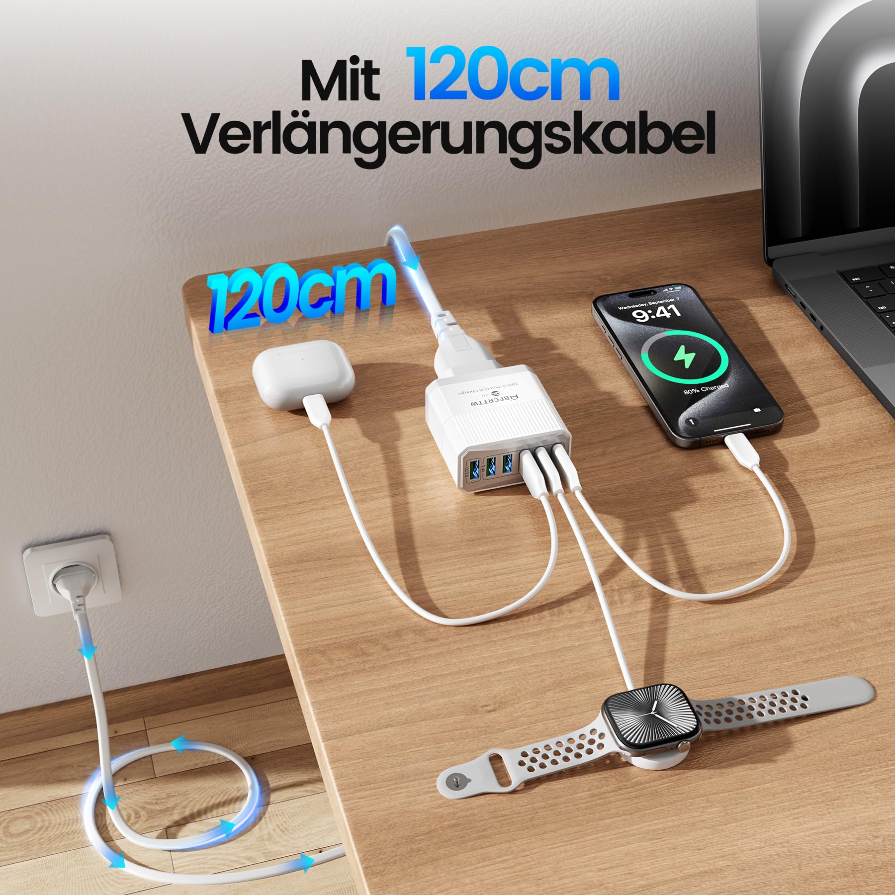 6-Port USB Ladegerät Mehrfach mit 120cm Netzkabel, 30W Steckdosenleiste mit USB, QC 3.0 Ladegerät Adapter für iPhone 16 15 14 13 12 11 Pro Max, iPad, Phone Steckdose Charger Netzstecker 3