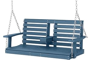 KINGYES Outdoor Hanging Porch Swing, 2 Seat Patio Swing Chair with Cup Holders, Waterproof Swing Chair Bench for Courtyard & Garden, 660LBS Weight Capacity, Blue