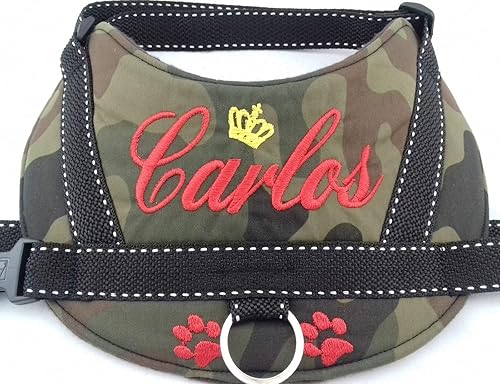 Hundegeschirr S M L XL XXL Brustgeschirr mit Wunsch Namen bestickt Camouflage rot Tarnung Optik für kleine, mittelgroße und g
