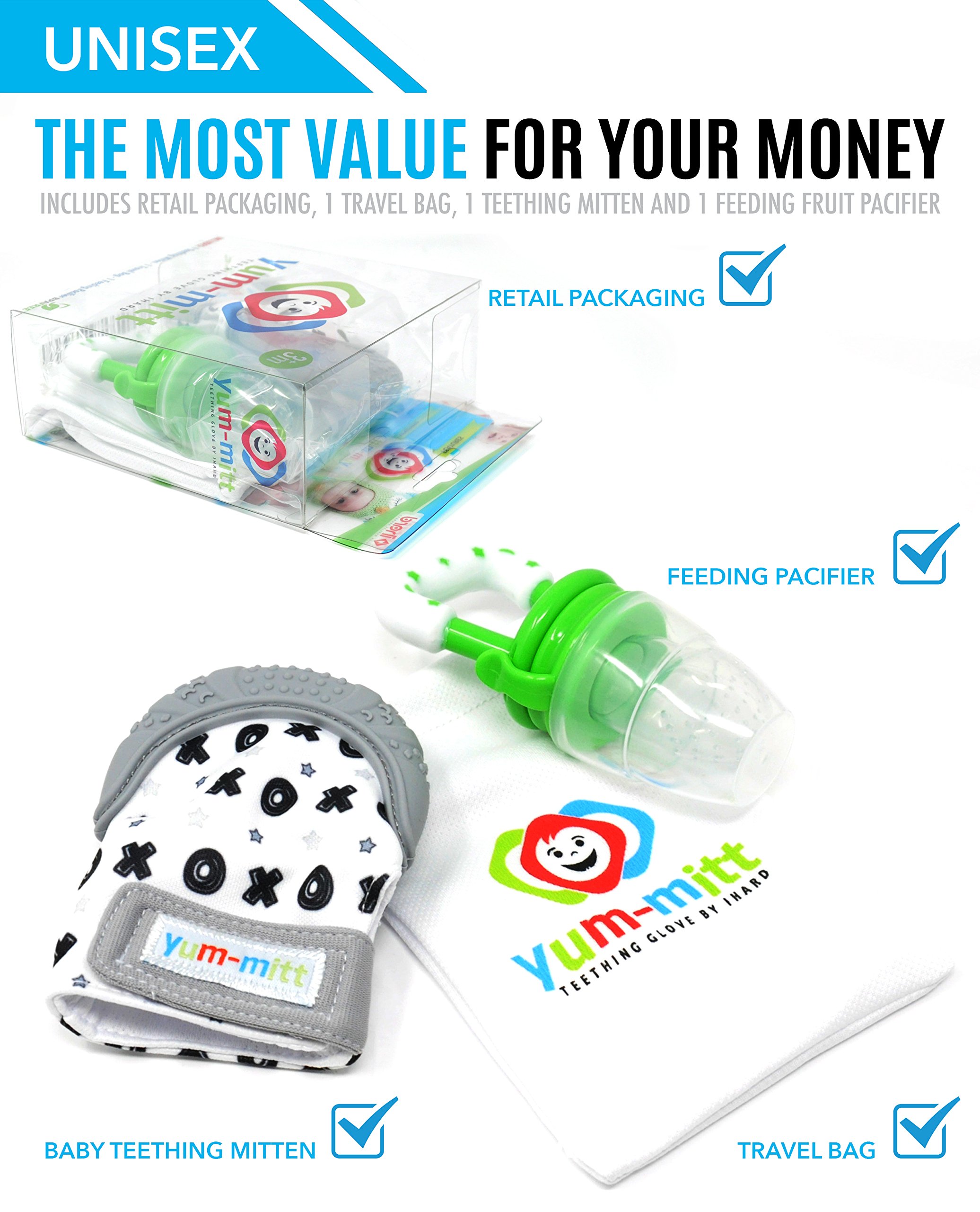 Teething Mitten for Babies with Fruit Feeder Pacifier - Baby Teething Toys for Self Soothing Gum Pain Relief. Infant Chew Glove Teether Mittens with Hygienic Travel Bag - Mitts for Boy or Girl (Grey)