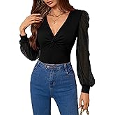 Fayenne Womens Sexy Tops V Neck Twist Knot Front Date Night Outfits Y2K Going Out Top Mesh Polka Dot Long Sleeve Trendy Tops
