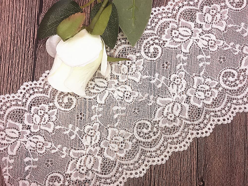 15CM Width Europe Floral Garden Pattern Elastic Nylon Lace Trim,Curtain Tablecloth Slipcover Bridal DIY Clothing/Accessories.(5 Yards in one Package) (Ivory)