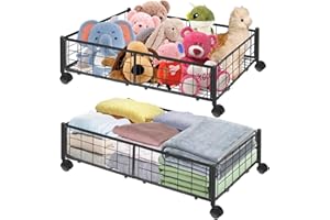 DTUQYX Under Bed Storage with Wheels, Under Bed Storage Containers Metal Foldable Space-Saving Under Bed Drawer Shoe Storage Bins Organizer on Wheels for Clothes Books (2 Pack Black)