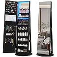 Vlsrka 360° Swivel Jewelry Cabinet with Lights, Jewelry Armoire with Full Length Mirror, Large Jewelry Armoire Organizer, Lockable Free Standing Mirror with Storage, Rear Storage Shelves, Black