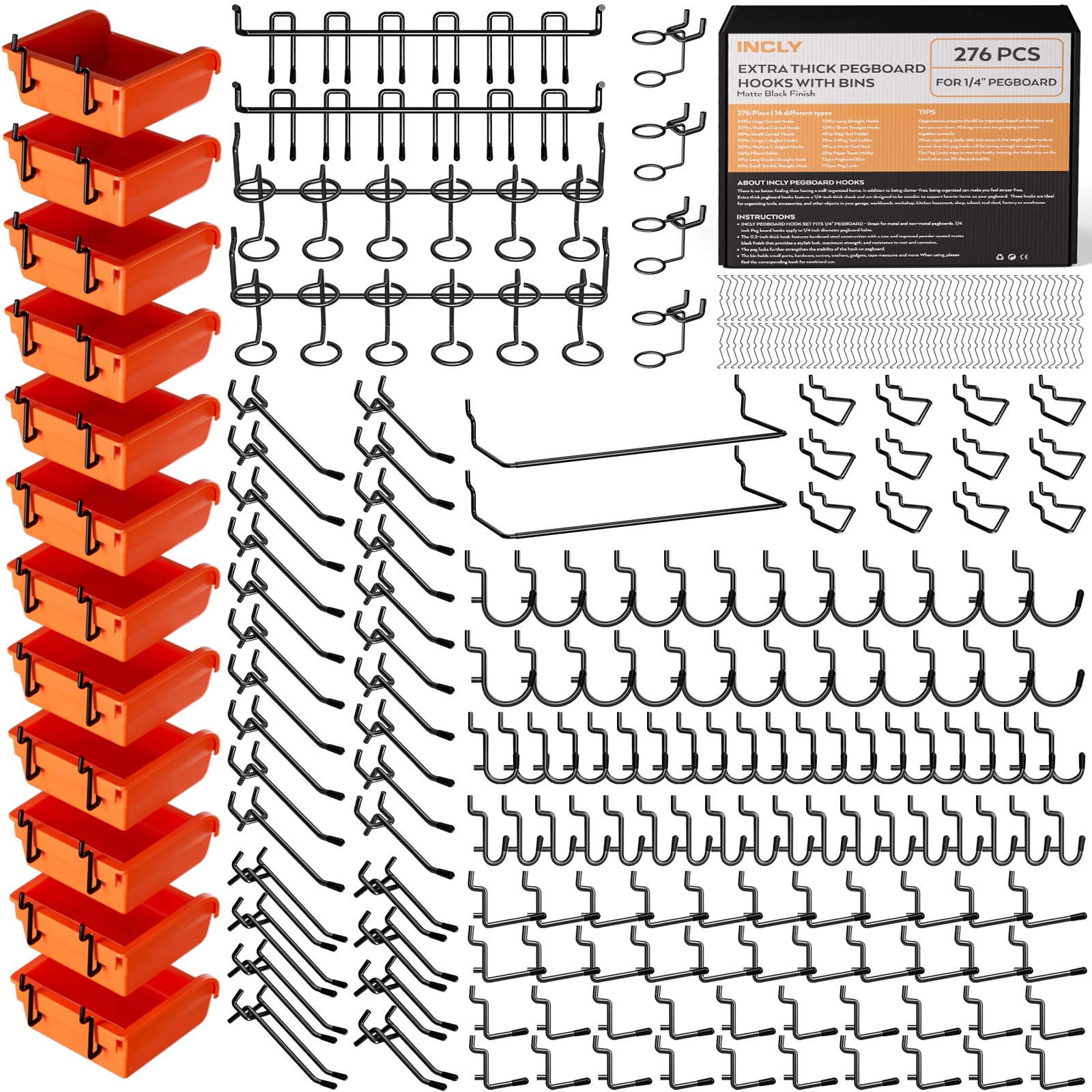 Photo 1 of INCLY 276PCS Extra Thick 1/4" Pegboard Accessories Organizer Kit, Heavy Duty Black Pegboard Hooks with Bins & Paper Towel Holder, Peg Board Hook Assortment for Garage Wall Attachments Hanging Tools