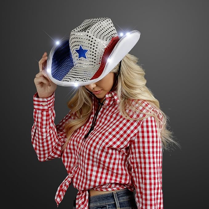 Red White and Blue Sequin Light Up LED Cowboy Hat with