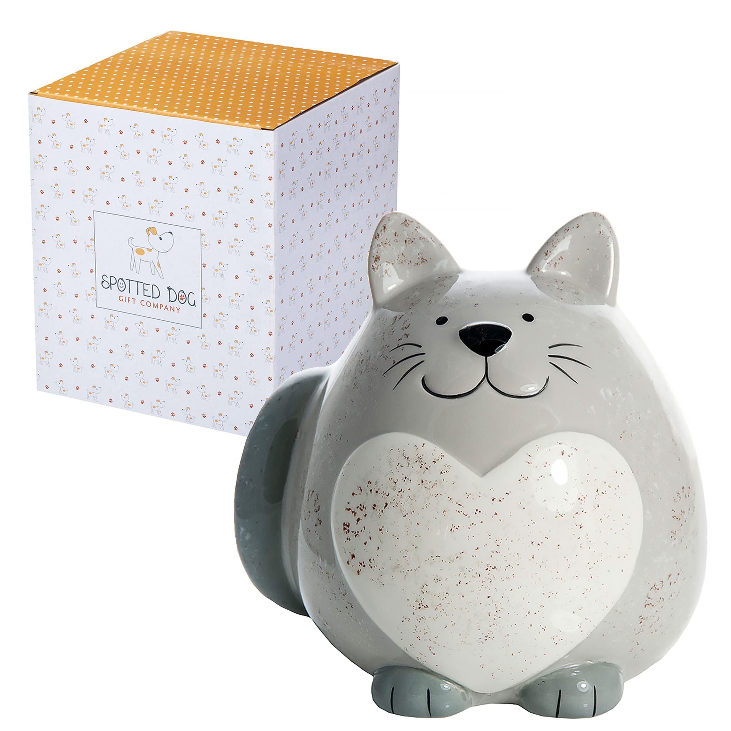SPOTTED DOG GIFT COMPANY - Piggy Bank Money Box Cute Fat Cat Themed Ceramic Savings Bank for Kids and Adults, Gifts for Cat Lovers of all Ages (Grey)
