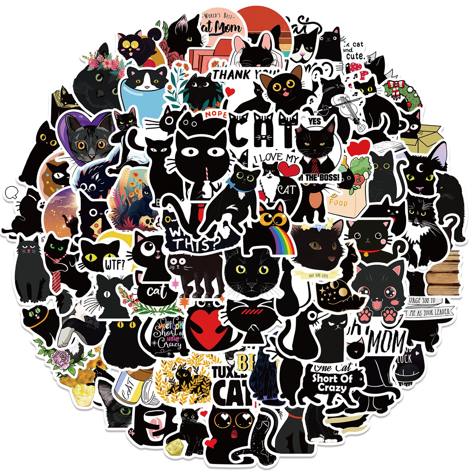 100Pcs Cute Black Cat Stickers for Water Bottles Tumbler Luggage Skateboard Bumper Scrapbook Mug, Sticker Gift for Kids Teens Adults