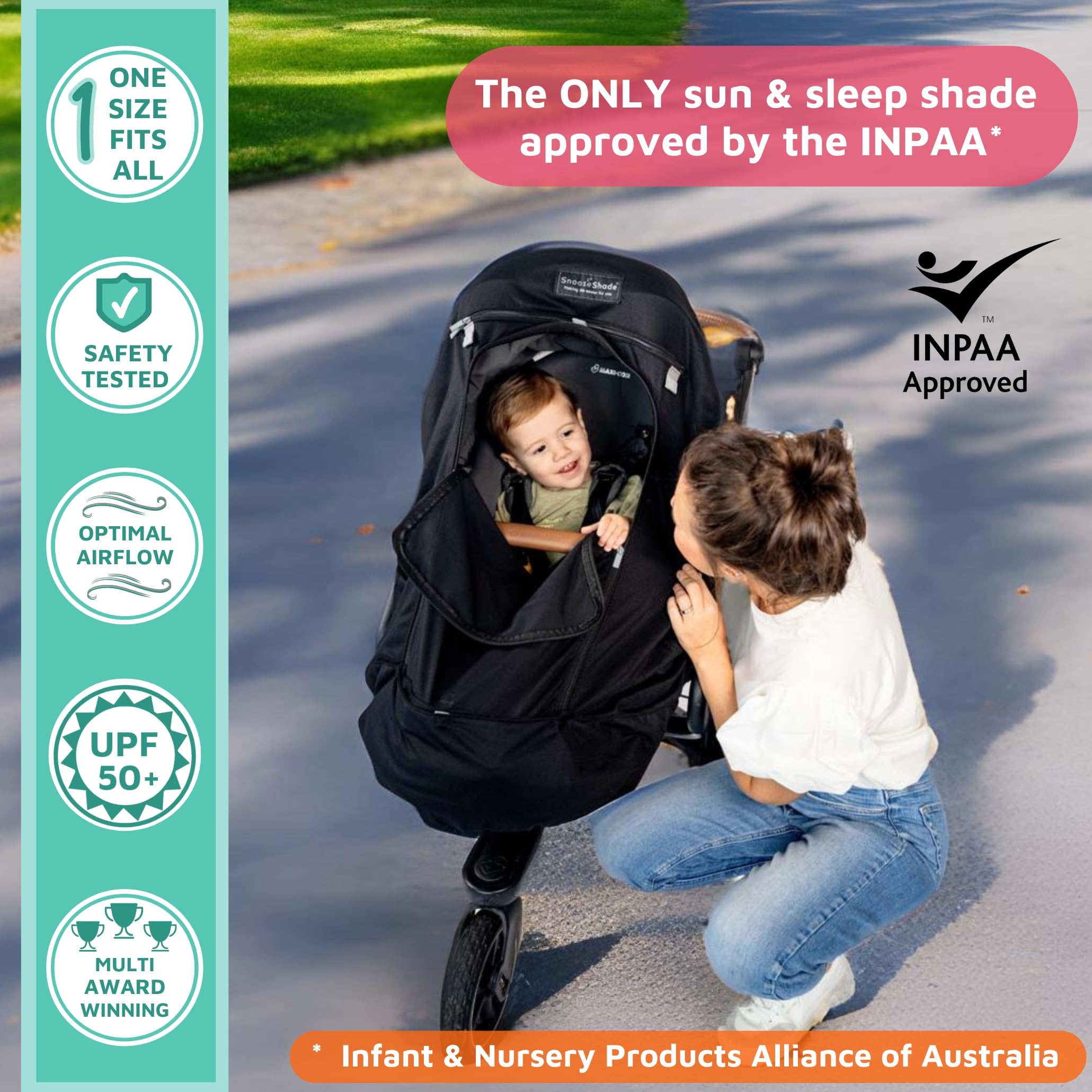 SnoozeShade Plus Extra–Stroller Sun Shade & Mosquito Net for 6m+ Babies Blocks 97.5% of UV (UPF 40+) Universal Fit Blackout Sleep Cover with Peekaboo Window Breathable Mesh Canopy for Single Strollers