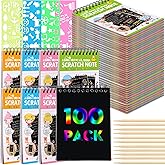 Fulmoon 100 Pack Scratch Note Pads for Kids, Scratch Notebooks Bulk Scratch Note Pads Rainbow Art Paper Goody Mini Coloring Books for Kids Art Party Supplies