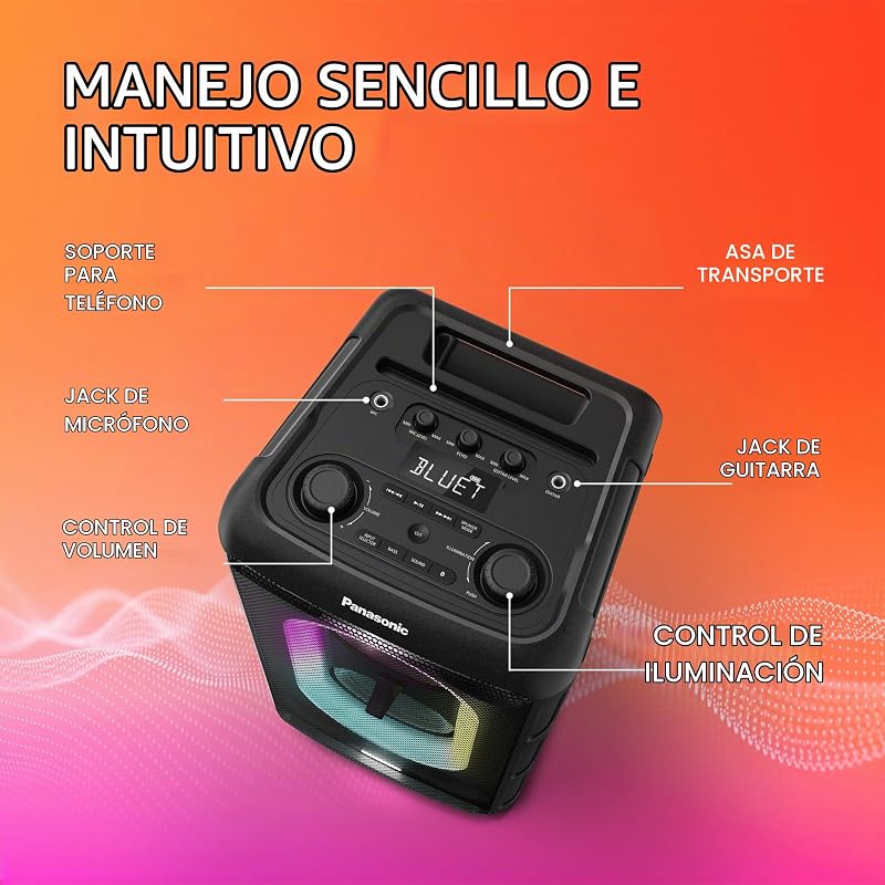 SC-BMAX10E-K Altavoz Portátil para Fiestas con Bluetooth, Luces Integradas, 150 W, USB, Entrada Óptica para TV, Entradas de Guitarra y Micrófono para Karaoke, Negro