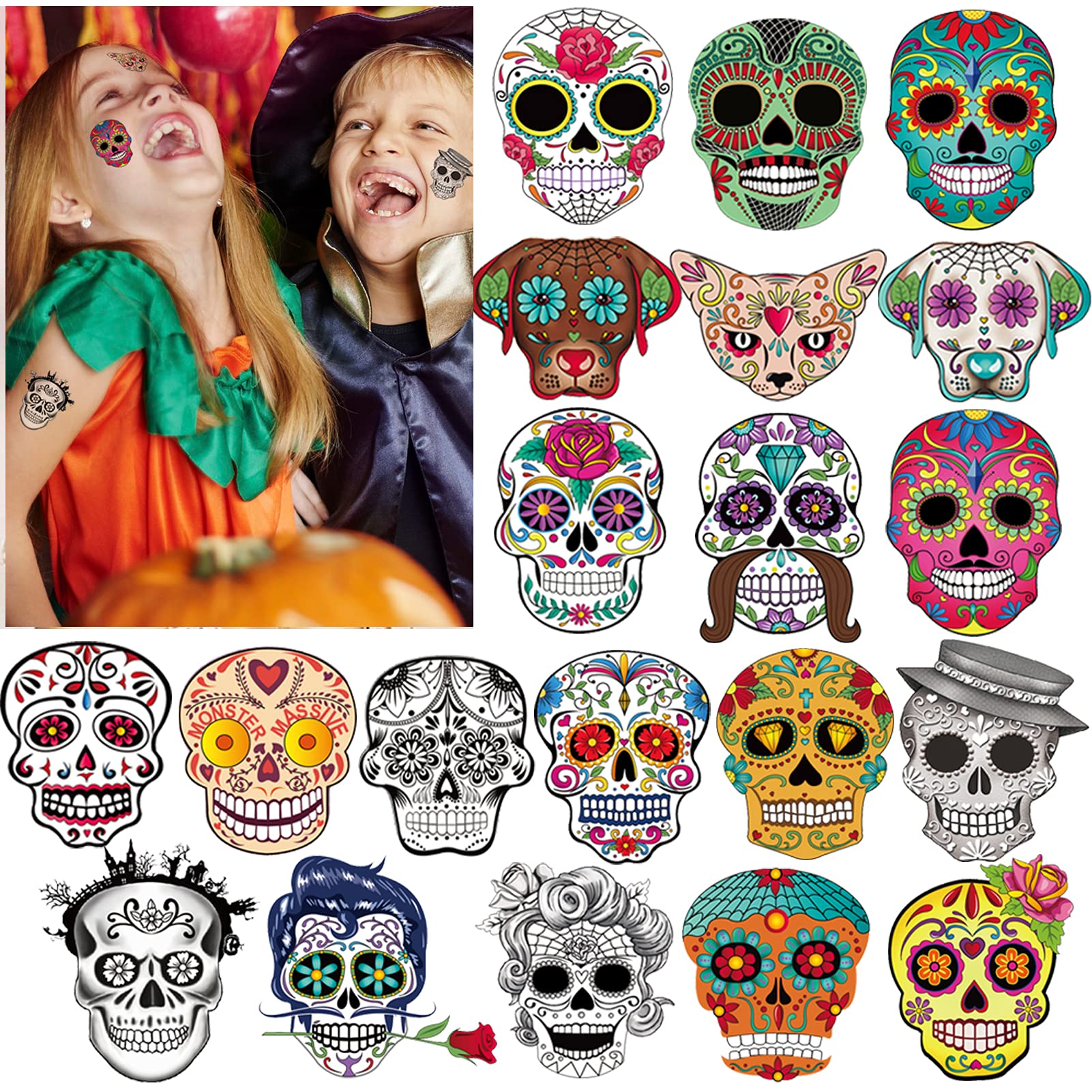 HOWAF 100 x Day of the Dead Tattoos, Halloween Temporary Tattoos for Kids, Skeleton Rose Sugar Skull Tattoos Face Tattoo For Kids Party Bag Fillers Mexican Halloween Party Carnival