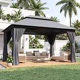 Aoxun 10x12 Gazebo Canopy with Steel Frame, Double Roof | water-resistant canopy blocks rain and UV, supports 250 lb, and includes ropes, bolts.Gray
