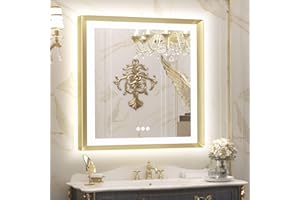 TETOTE 36x36 LED Mirror for Bathroom Gold Metal Frame Frontlit & Backlit Lighted Vanity Mirror Baroque Anti Fog Stepless Dimmable White/Warm/Natural,CRI90+,Waterproof,Wall Mounted(Horizontal/Vertical)