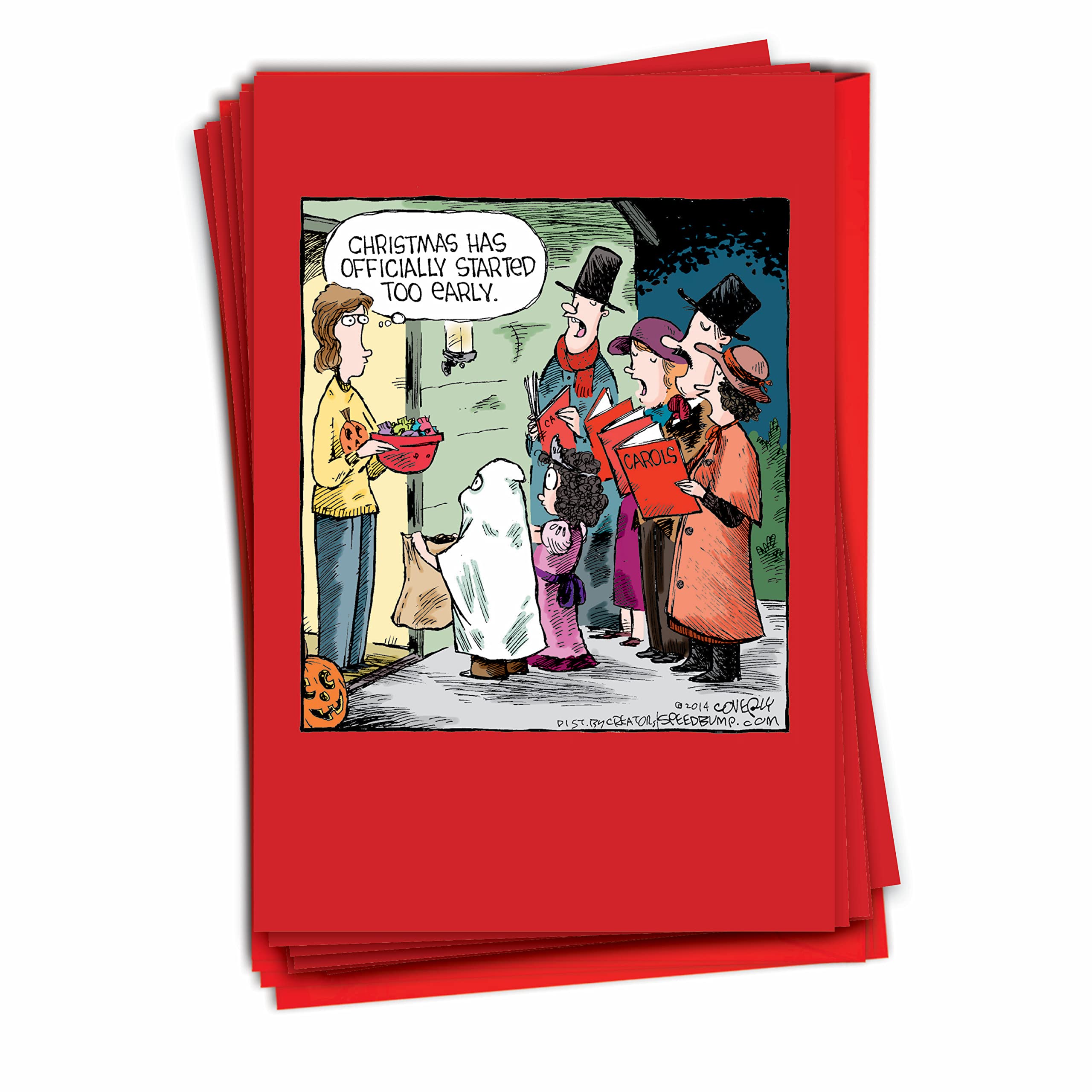 NobleWorks - 12 Cartoon Merry Christmas Cards - Funny Holiday Humor Greetings, Boxed Notecard Set with Envelopes (1 Design, 12 Cards) - Halloween Carolers B2528XSG