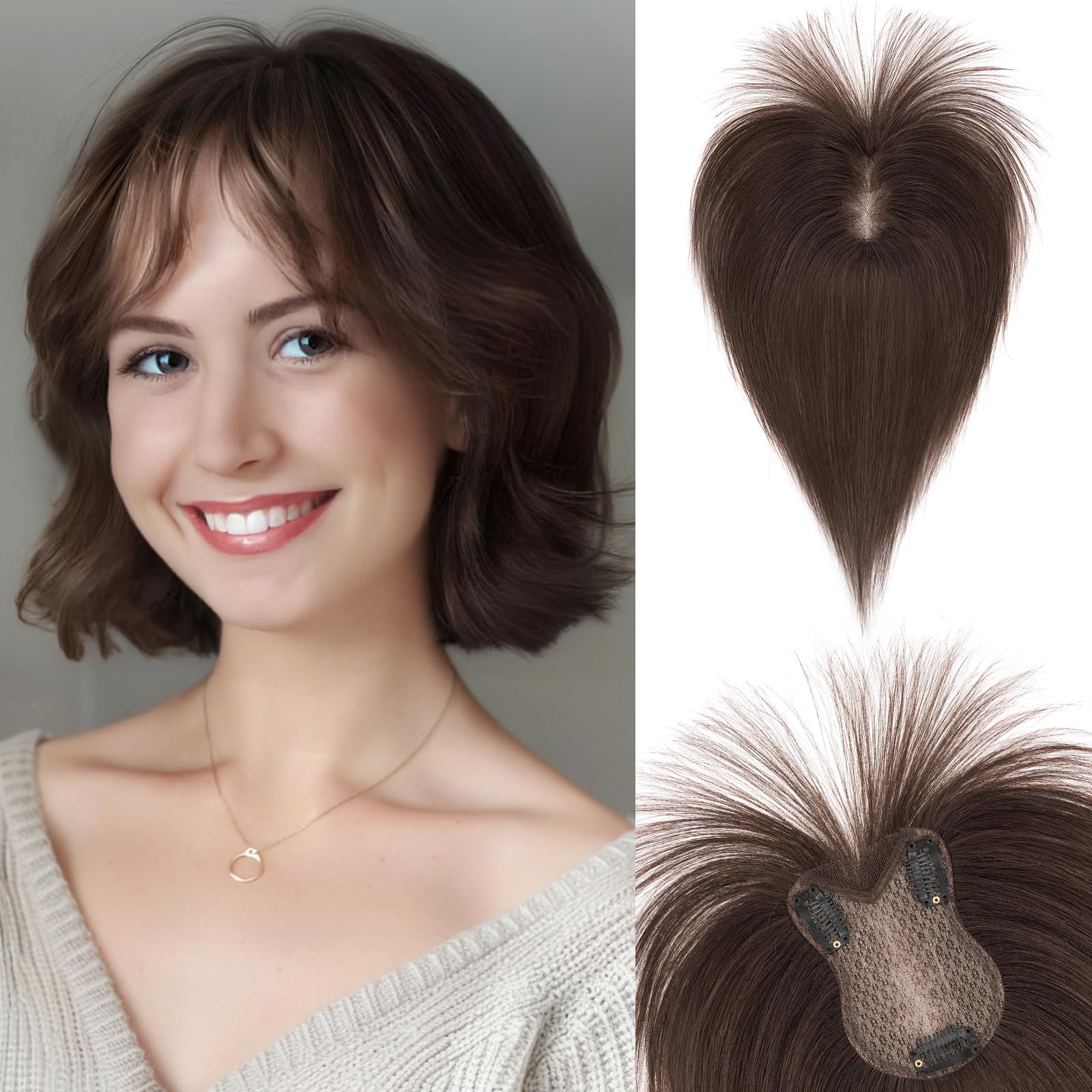 SEGOHAIR Hair Toppers for Women Human Hair Double-Layer Hand-stitched 360°3D Coverage Clip in Fringe Natural for Thinning Hair Add Volume 11inch Dark Brown,21g — image 1