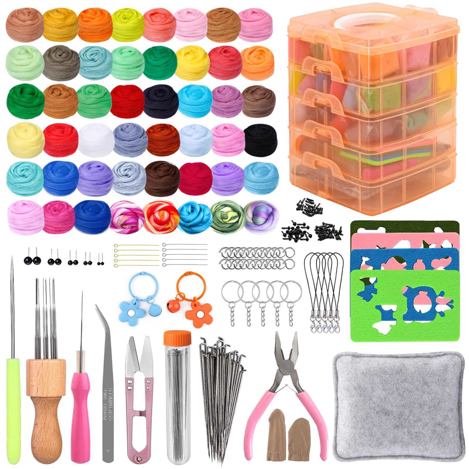 WenYa 200+Pcs Needle Felting Starter Kit, 48 Colours Wool and Felting Pad, Included Tools and Storage Box, DIY Craft Gifts