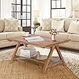 iVilla Farmhouse Coffee Table for Living Room, 2-Tier Solid Wood Coffee Table, Rustic Rectangular with Storage Open Shelf, Natural