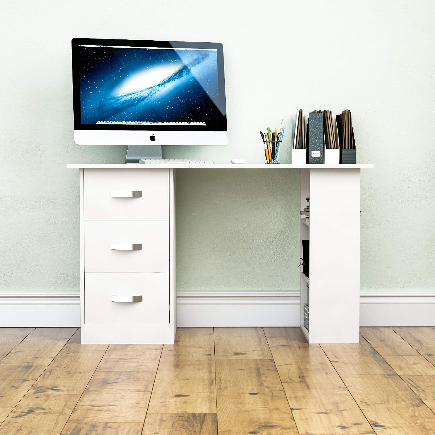 Vida Designs Mason Computer Desk with Shelves and 3 Drawers, Home Office PC/Laptop Gaming Table, Study Workstation, Furniture White - Image 4