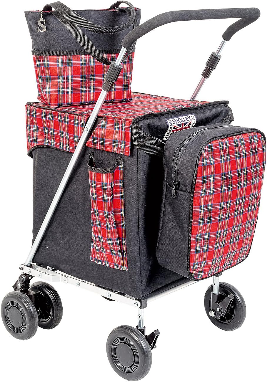Sholley® Deluxe Range 'The Balmoral Combination' Matching Set - Red Tartan and Black Folding Shopping Trolley, Grocery Cart, Matching Handbag, Cool Bag and Internal Separator Bag (Regular)