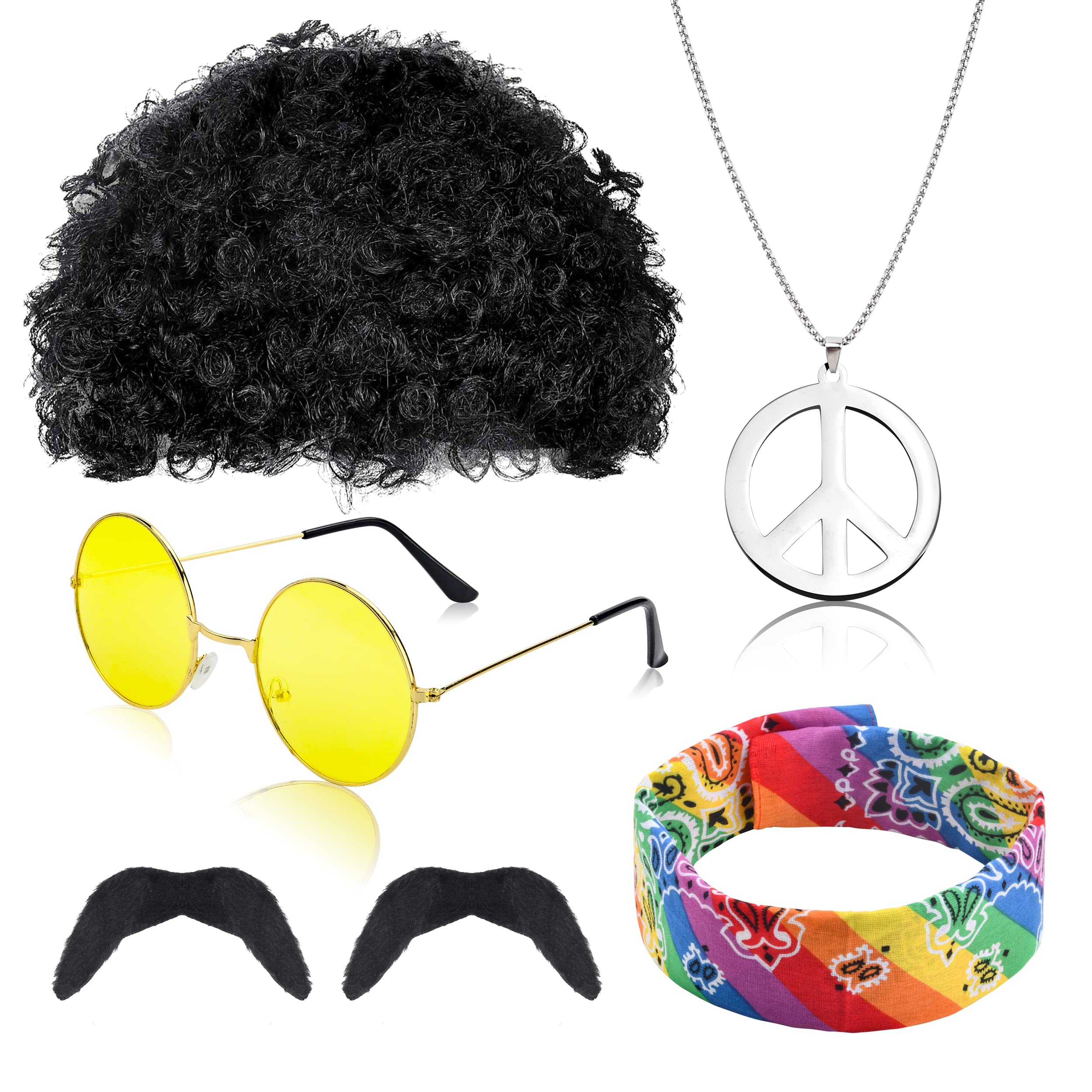 Abitoncc 6 Pcs Hippie Accessories 70s Fancy Dress Men Funky Afro Wig for Men, Peace Sign Necklace, Sunglasses, Mustache 60s Hippie Costume for Men 50s /60s / 70s Themed Party Hippy Accessories, Black
