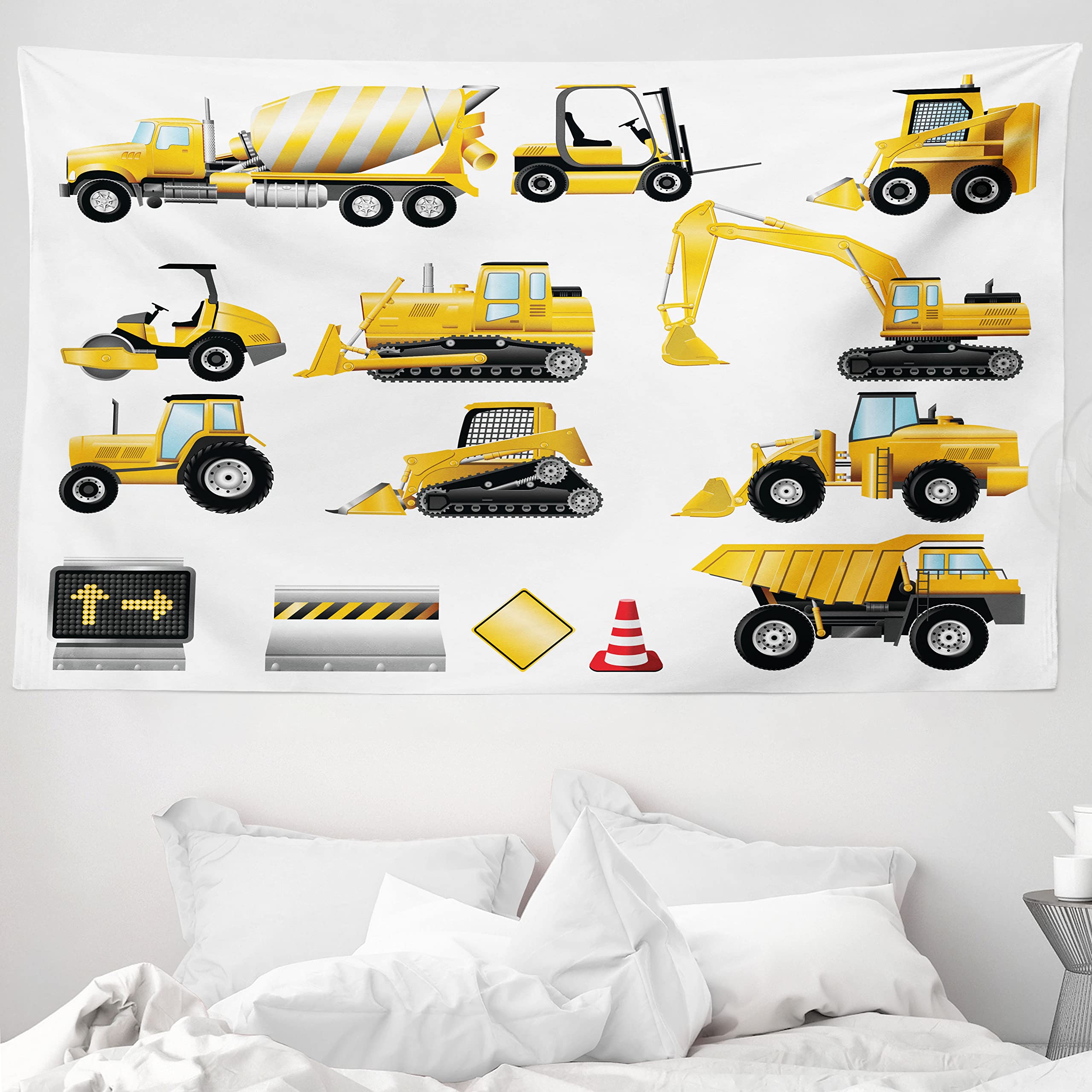 ABAKUHAUS Nursery Tapestry, Yellow Color Construction Site Machinery and Signs Cartoon Illustration, Fabric Wall Hanging Decor for Bedroom Living Room Dorm, 90 W X 54 L, Earth Yellow Black Red