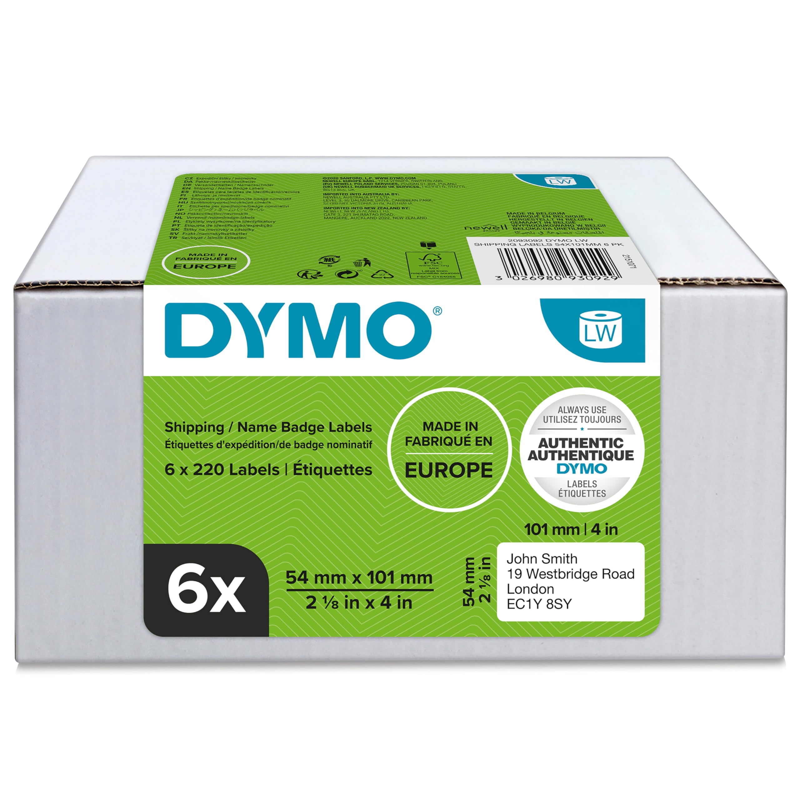 DYMO Original LabelWriter Versandetiketten/-Namensschilder (groß) | 54 mm x 101 mm | 6 Rollen mit je 220 leicht ablösbaren Etiketten (1.320 Etiketten) | für LabelWriter Etikettendrucker