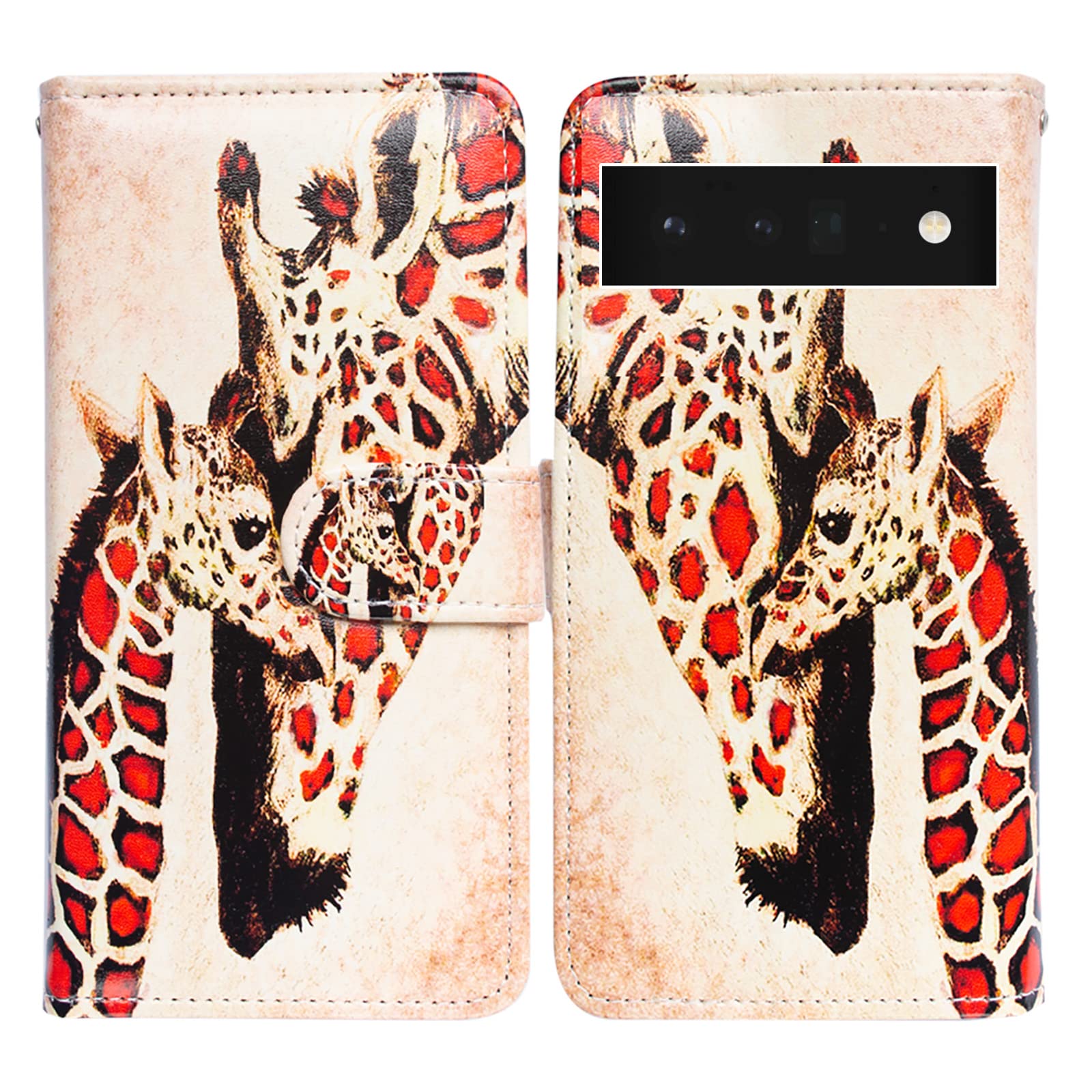 Bcov Pixel 6 Pro Case, Giraffe Mother Baby Leather Flip Phone Case Wallet Cover with Card Slot Holder Kickstand For Google Pixel 6 Pro