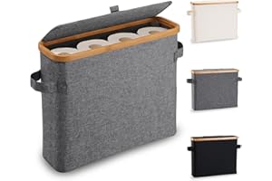 Bamboo Toilet Paper Storage Basket with Lid, Toilet Paper Roll Holder Stand Organizer for Bathroom, Slim Toilet Roll Storage 